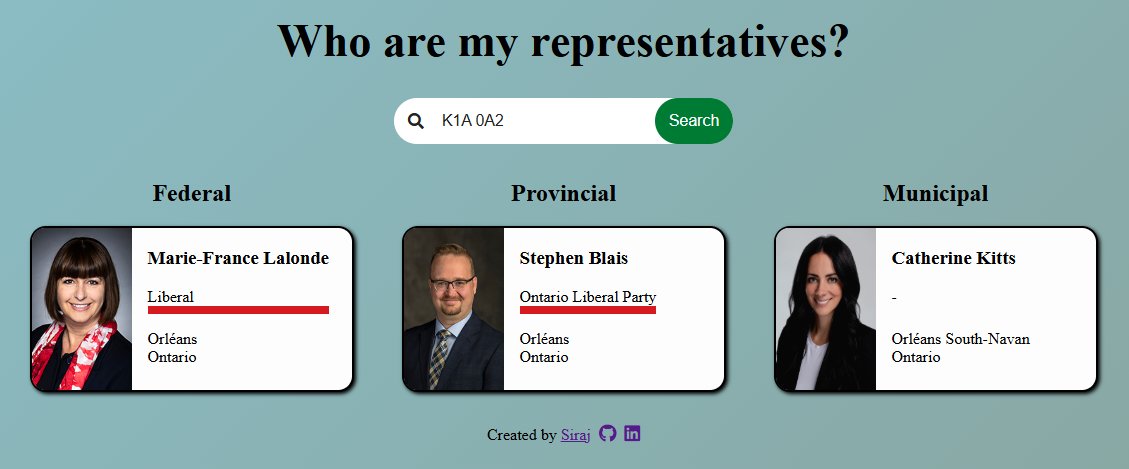 Canadian representatives web application screenshot